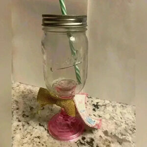 NWOT Mason Jar Wine Glass with Pink Stem & clear Fresh Mason Jar 1 pint with lid